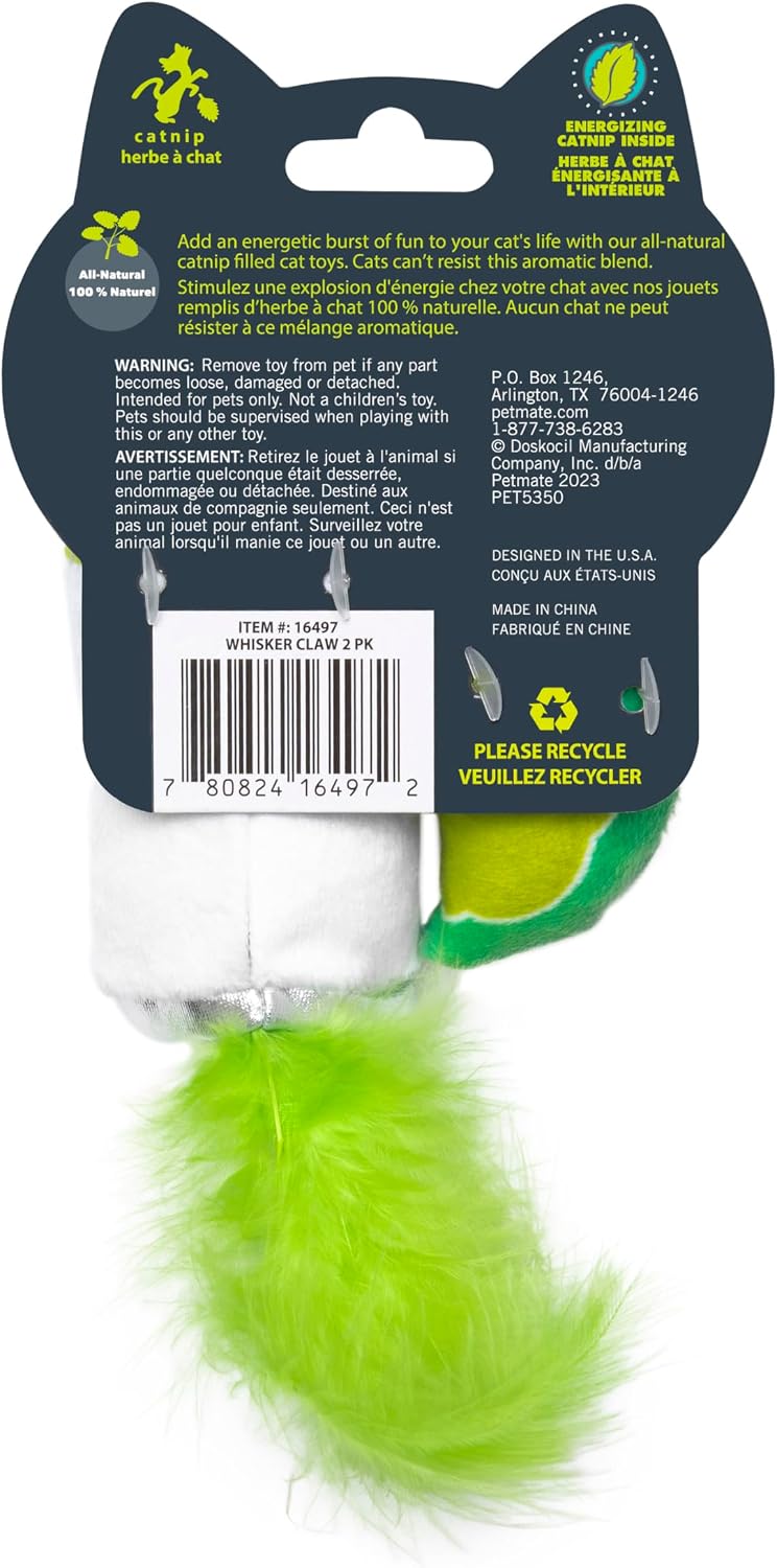 Quirky Kitty Whisker Claw and Lime Catnip Crinkle Plush Cat Toy, Pack of 2