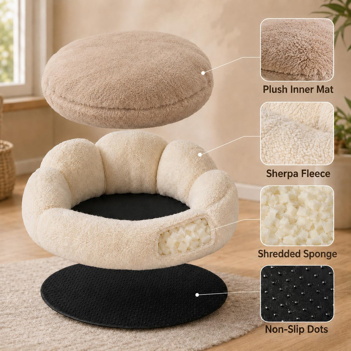 Small Dog Bed, Flower-Shaped Calming Cat Bed, 23 in, Beige