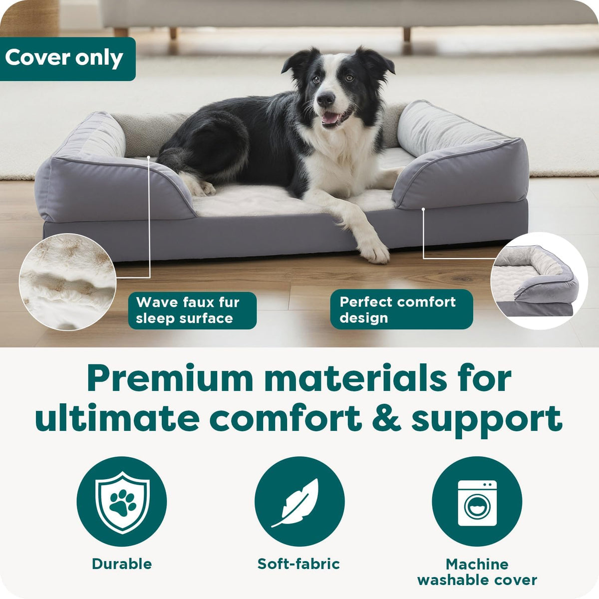 FurHaven Dog Bed Cover Replacement, Sofa-Style Design with Soft, Breathable Fabric for Cozy Comfort, Machine Washable, Large, Plush & Velvet, Granite Gray