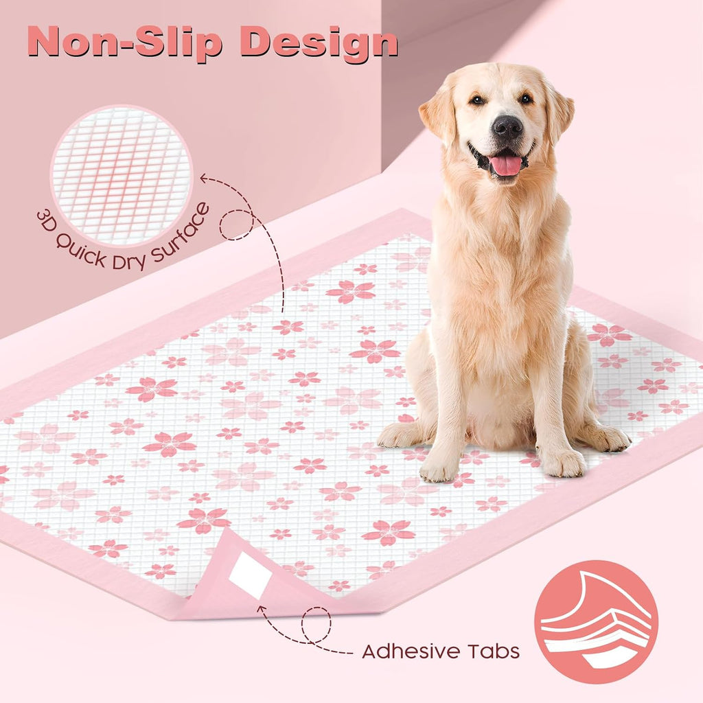 MIZOK Pink Puppy Pads with Adhesive Tabs Disposable Pee Pads 28x34in 30Ct | Heavy Duty Floor Protection Super Absorbent Large Pet Training Pads Use Sticky Bottom Strips to Keep Indoor Areas Mess Free