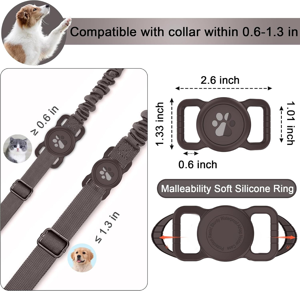 SANKALA Waterproof Airtag Dog Collar Holder, Coffee, 1 Pack