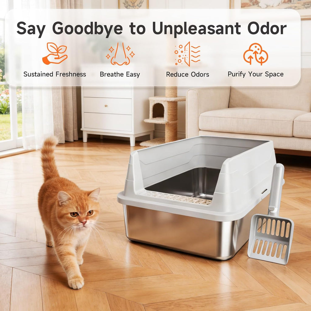 Stainless Steel Cat Litter Box for Small Cats, Odor Free Metal Litter Box | High Sides Lid Open Top Low Entry Litter Pan Easy Cleaning Kitty Cat Box Anti-Urine Leakage Non-Sticky Include Scoop
