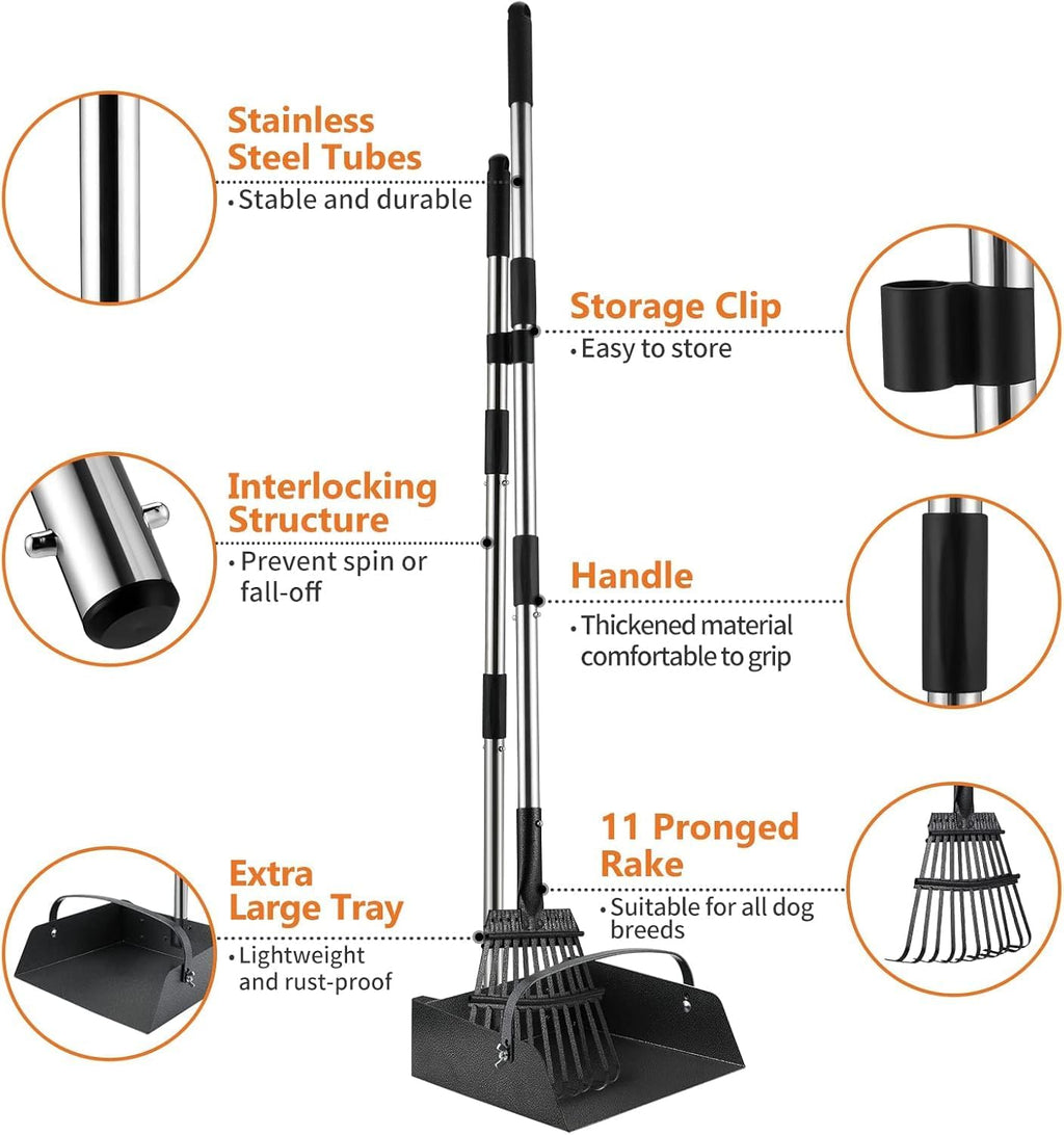Toozey Pooper Scooper for Large Dogs, 43.31" Long Handle, Metal Tray & Rake