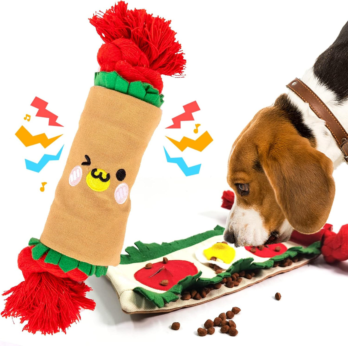 lilfrd Burrito Snuffle Mat Dog Toy, Squeaky Crinkle Rope Puzzle Taco Toy | Treat Dispensing, Boredom Relief, Suitable for Small Medium Dogs