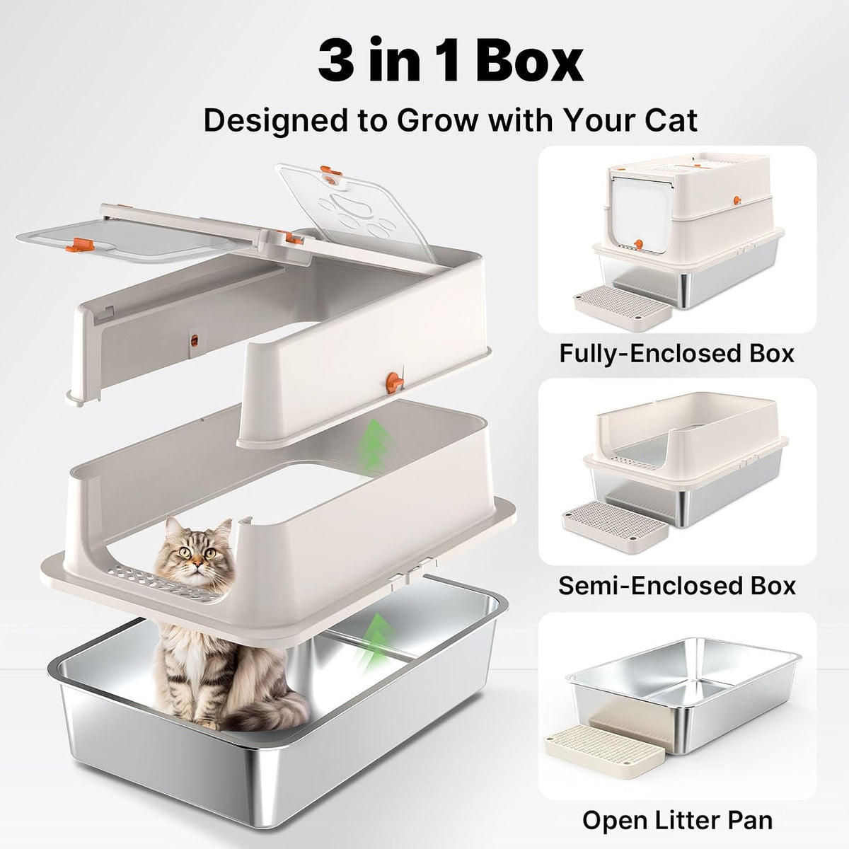 Stainless Steel Litter Box with Flip Lid, XL Extra Large Cat Litter Box with High Sided Top Entry Design, Anti-Leakage Enclosed Metal Litterbox for Big Cats, with Handle, Mat, Pedal & Scoop, Beige