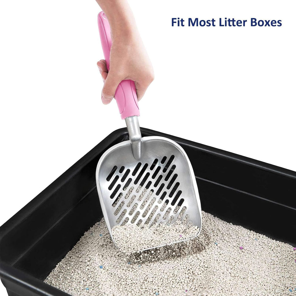 WePet Cat Litter Scoop, Aluminum Alloy Sifter, Kitty Metal Scooper, Deep Shovel with Diagonal Sifting Hole, Long Handle, Kitten Poop Lifter for Litter Box, Large Size, Pink Handle