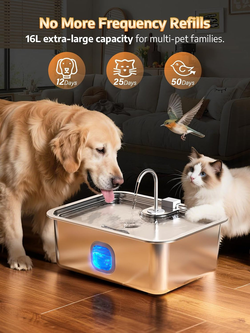 4.2Gal Dog Water Fountain for Large Dogs, 16L Dog Fountain Water Bowl