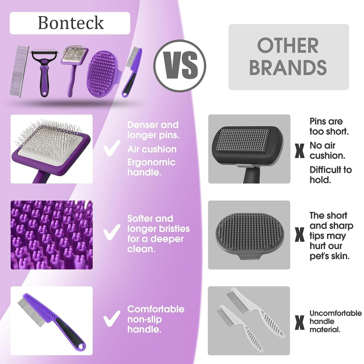 Bonteck Dog Slicker Brush for Dogs Grooming Kit 5PCS Long Haired Doodles | Goldendoodles Poodles, Skin Friendly Deshedding, Comb and Rake, Removes Undercoat, Professional Detangling, Large, Purple