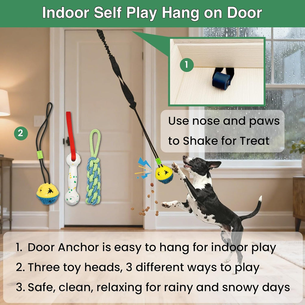 Dog Door Bungee Tug Toy, 4 Pieces, Small Medium Dogs 20 to 50lbs | 5ft Bungee Rope, Indoor & Outdoor Hanging, Tree Tether Rope for Yard, Spring Pole, Interactive, Tug of War, Ball