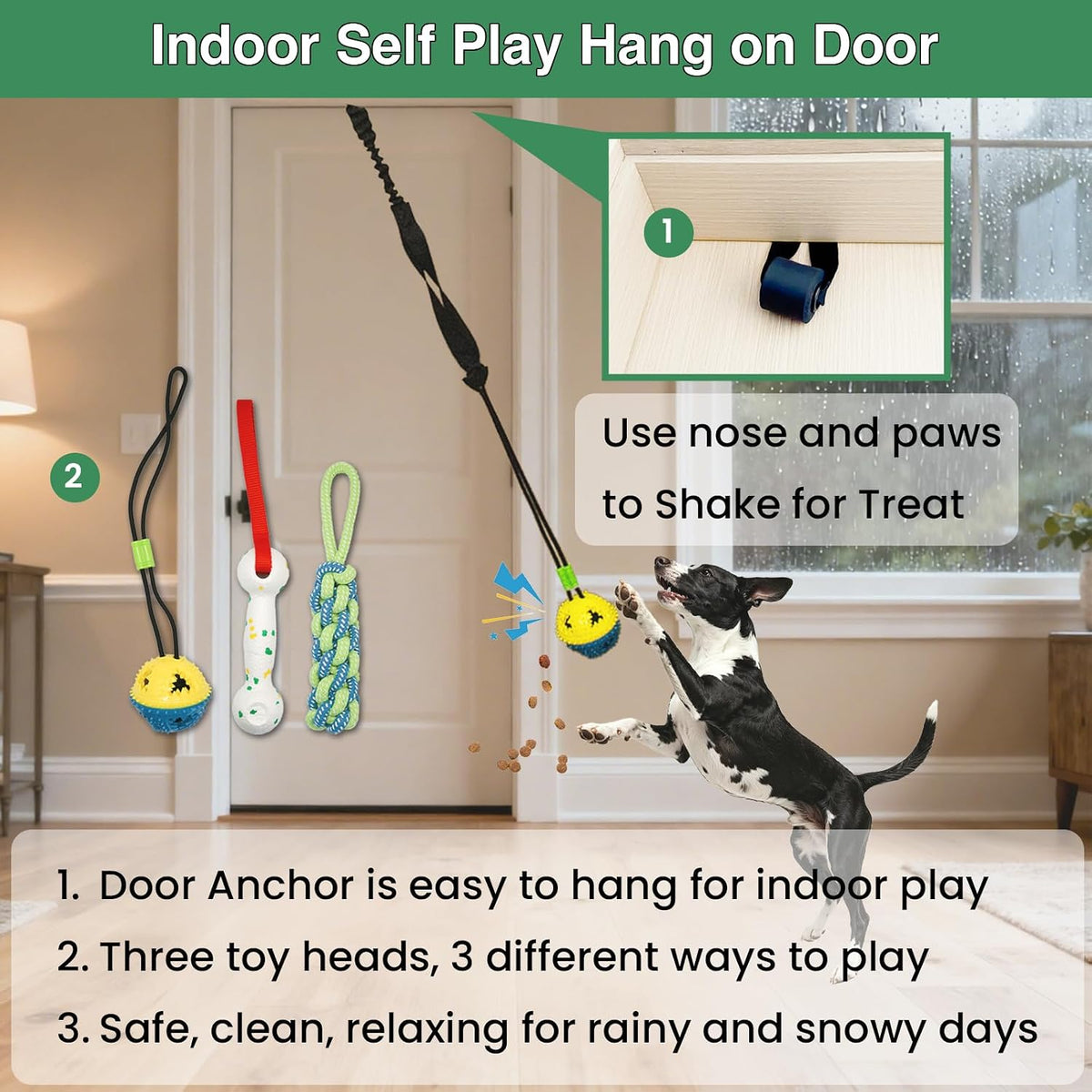 Dog Door Bungee Tug Toy, 4 Pieces, Small Medium Dogs 20 to 50lbs | 5ft Bungee Rope, Indoor & Outdoor Hanging, Tree Tether Rope for Yard, Spring Pole, Interactive, Tug of War, Ball