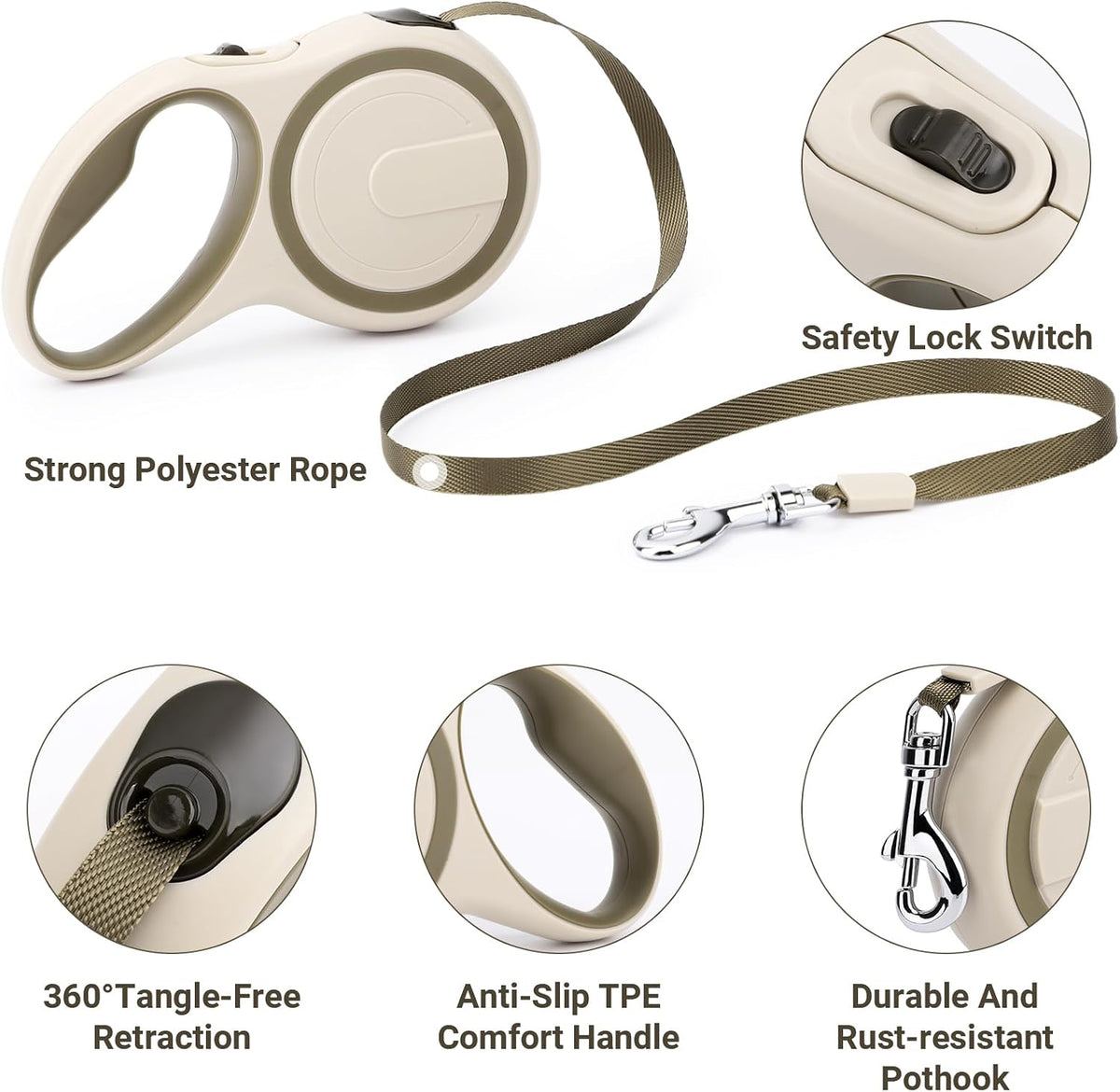 Segarty Retractable Leash Small Dog, 16ft Heavy Duty Walking Dog Leash for Medium Pet up to 44lb, Anti-Slip Handle 360°Tangle-Free Nylon Tape, One-Handed One Button Lock and Release (Khaki)
