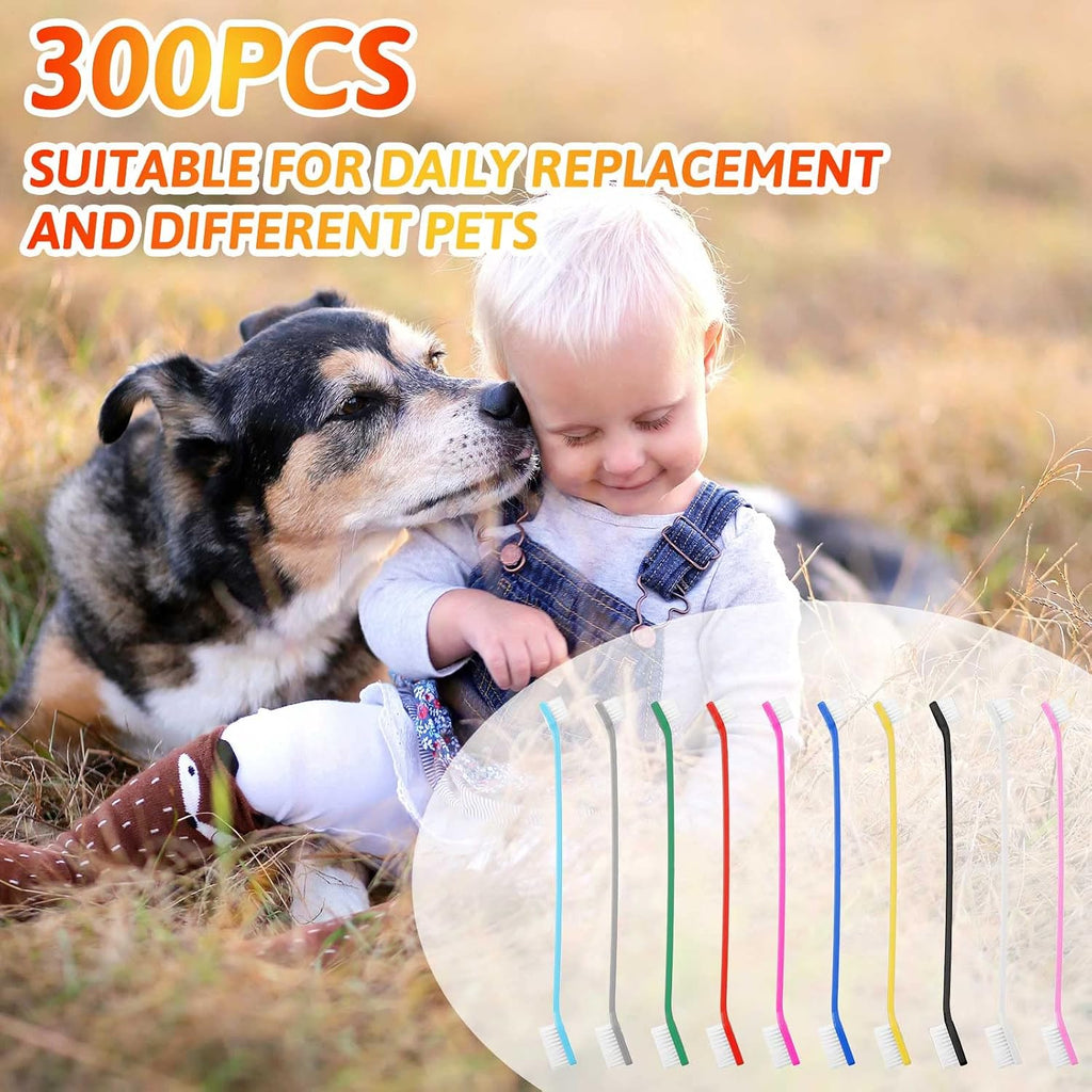 300 Pcs Pet Toothbrush Bulk, Double Sided Dog Cat Tooth Brush, 10 Colors | Soft Bristles, Long Handle, Small Dog Puppy Teeth Cleaning, Bulk Dog Toothbrush Set
