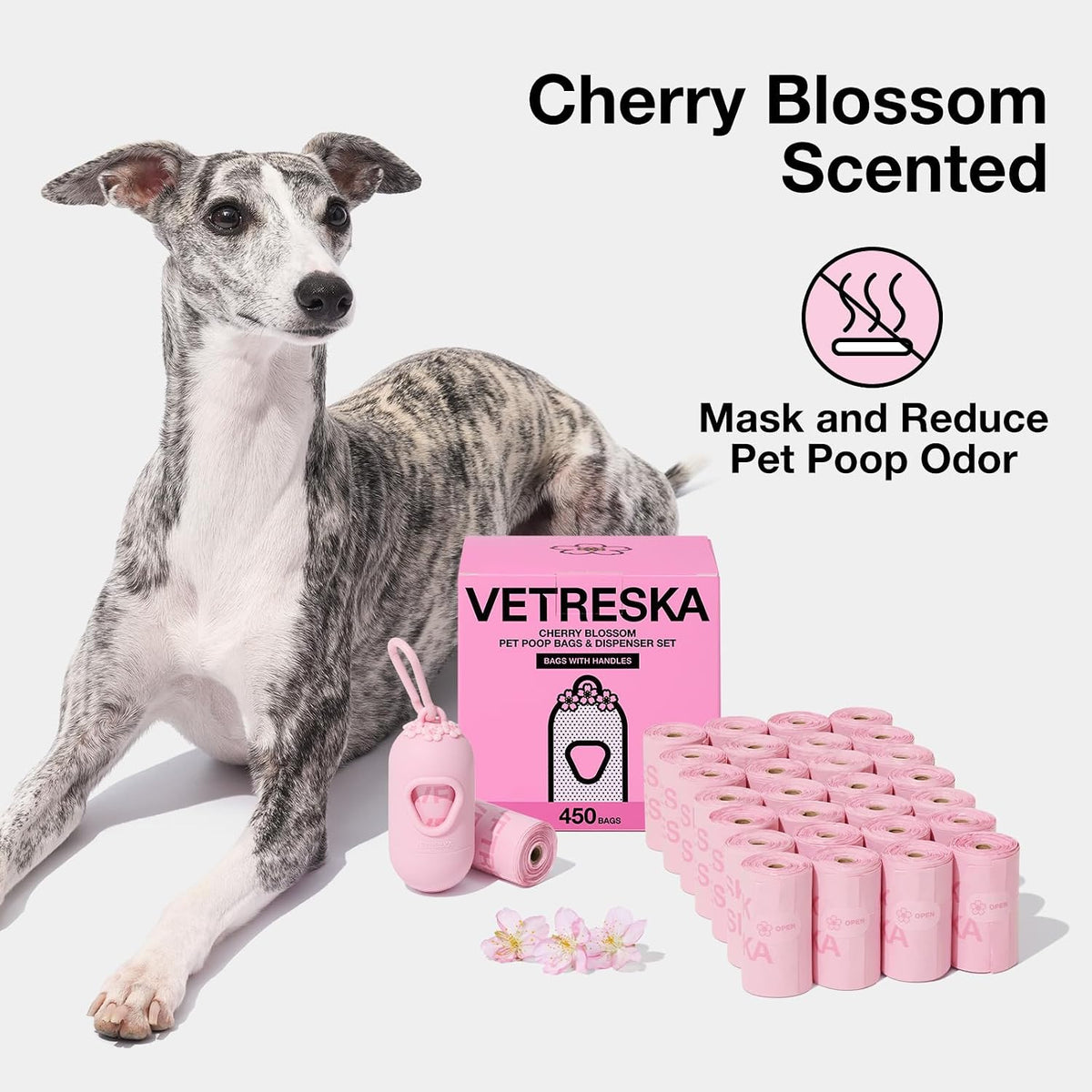 VETRESKA Dog Poop Bags with Handles 450 Count, Floral Scented Waste Bags | Leak-Proof Thick Dog Bags for Poop, Easy-Tie Large Poop Bags, 30 Refill Rolls with 1 Dispenser for Dog Walking Cat Litter