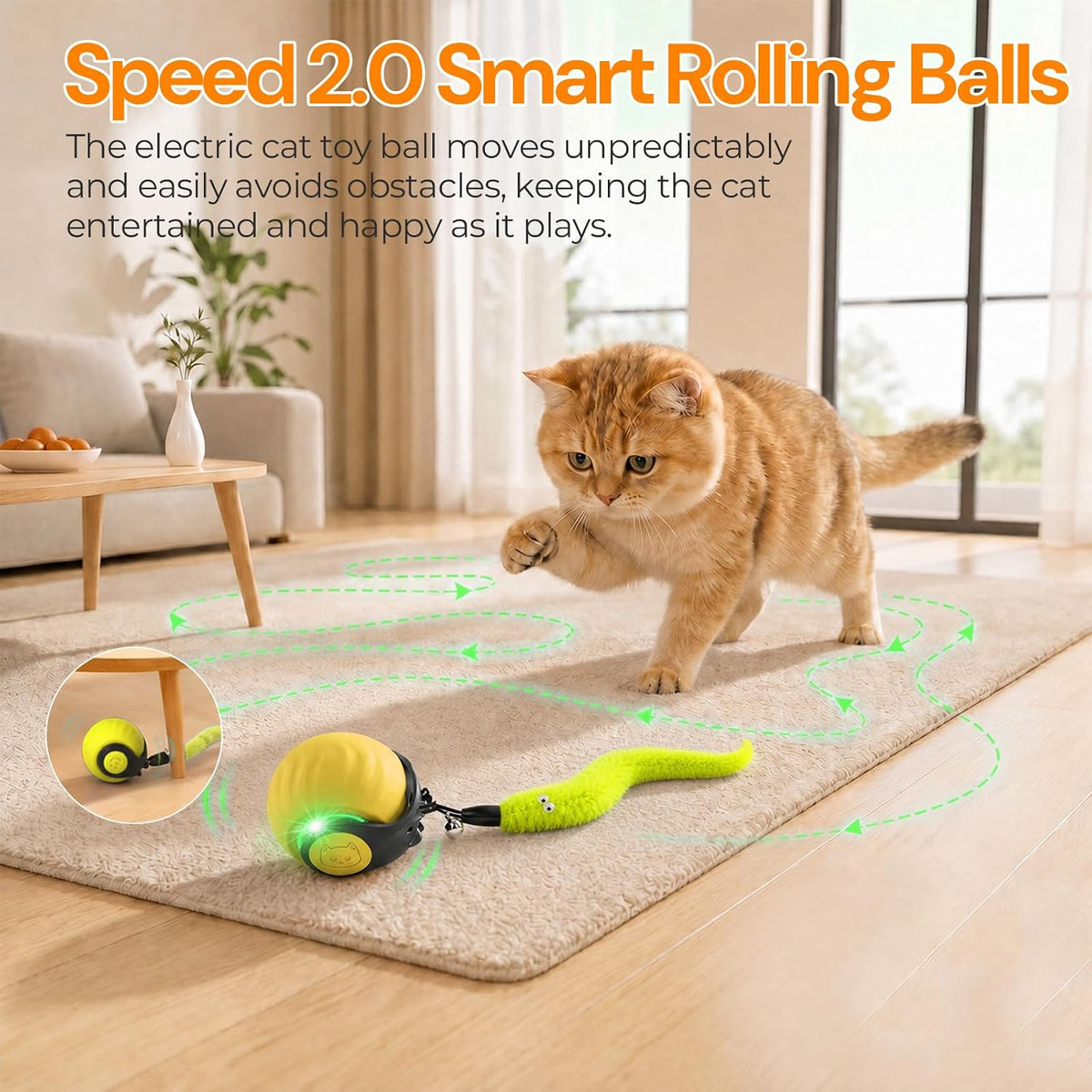 Interactive Cat Toys with Bird Sounds & 3 Speed Modes for Indoor Cats Play