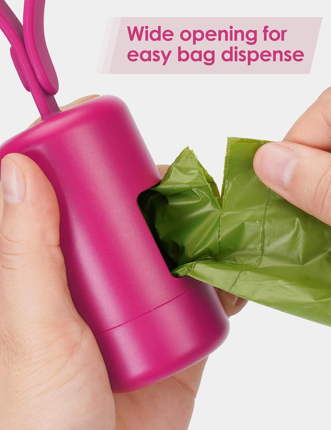 Gobeigo Dog Poop Bag Holder with Convenient Hook for Waste Bags(Hot Pink) | Silicone Strap Fits Any Leash, Large Opening for Easy Dispensing with 1 Bonus Roll of Waste Bags