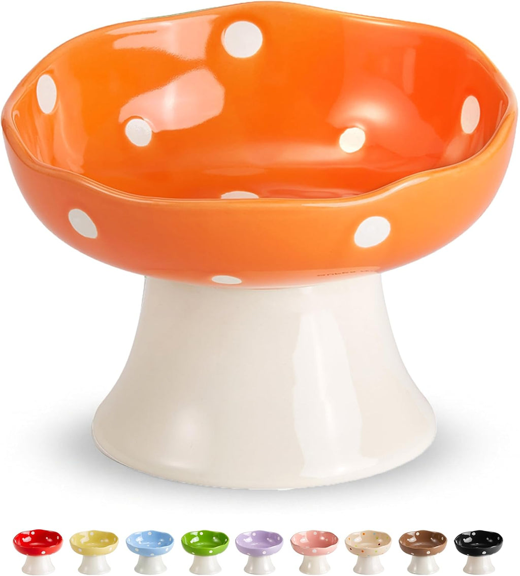 Orange Mushroom Cat Bowl, Elevated Ceramic Bowl for Cats | Elevated, Ceramic, Whisker Friendly, Anti Vomitin,Cute Mushroom Design