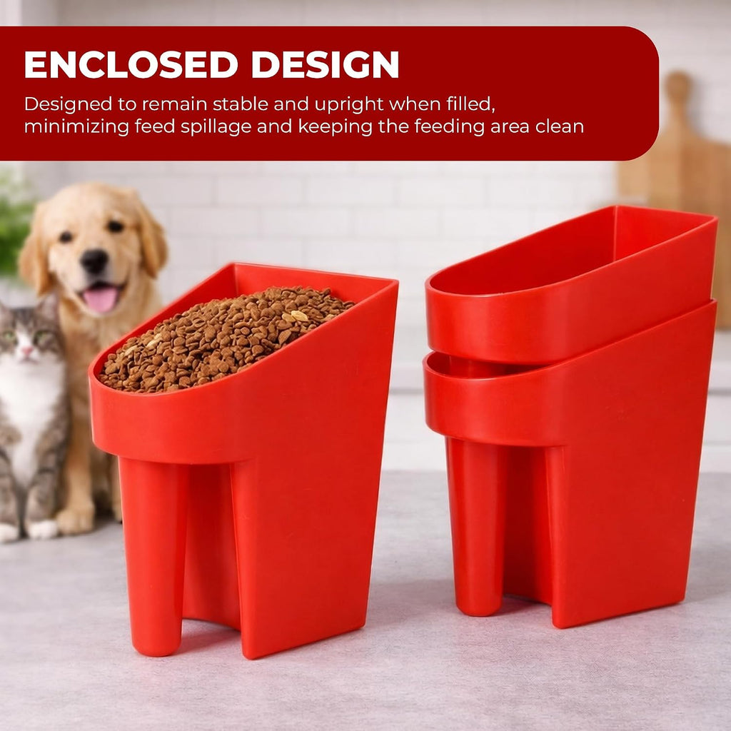 3 Quart Enclosed Feed Scoop Livestock – 2 Pack Stackable Pet Food Red Scoops, Durable Super Heavy-Duty Plastic Grain Scooper for Dog, Cat Litter, Flour, Rice, Chicken, Garden Soil, Barn, Ranchers Farm