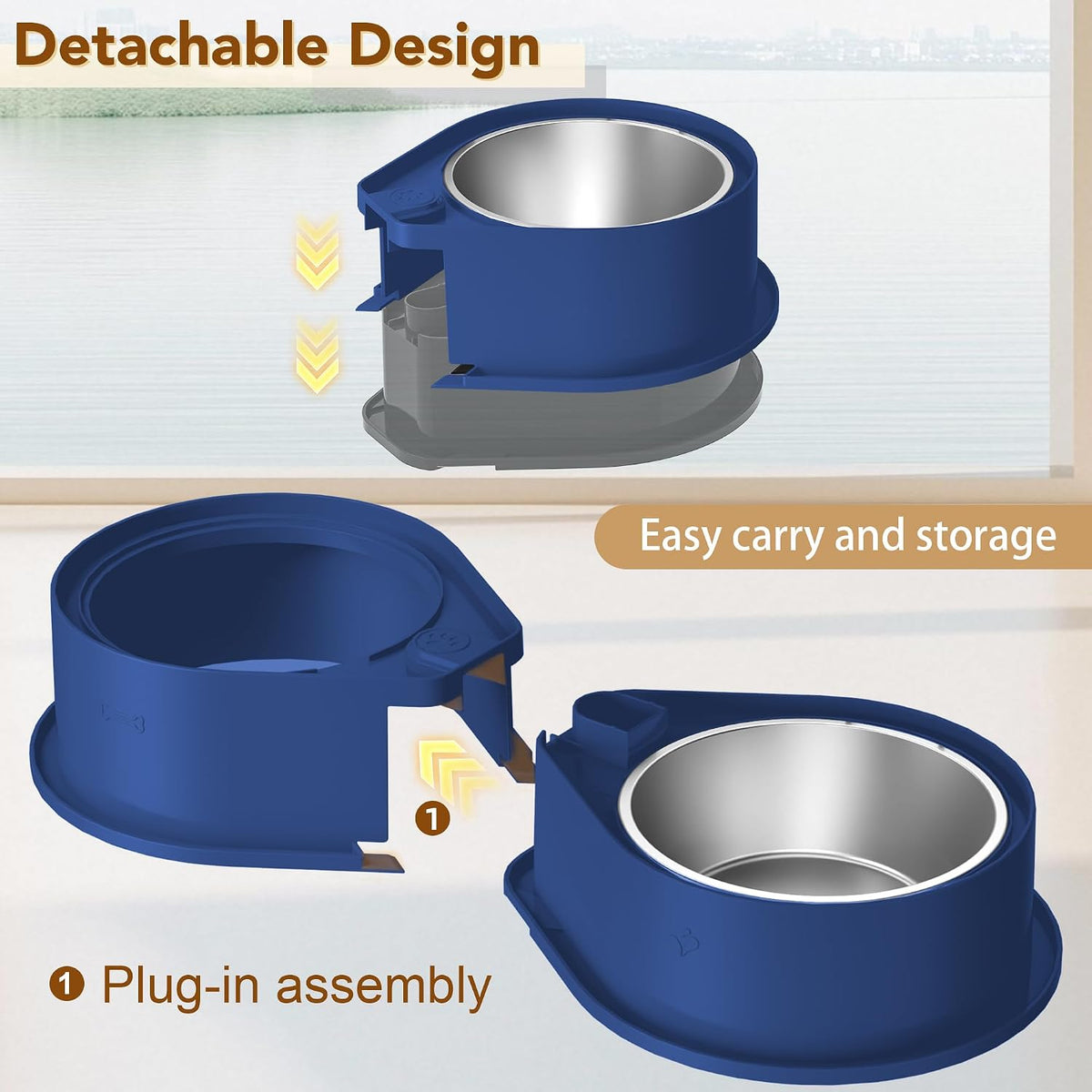 Newget 304 Stainless Steel Dog Bowl Set, 24oz Foldable Pet Dishes, Blue | Dual Food & Water Pet Bowl, Anti-Skid, Keeps Food Fresh, Easy to Install, for Small - Large Dogs/Cats - Indoor & Outdoor Use