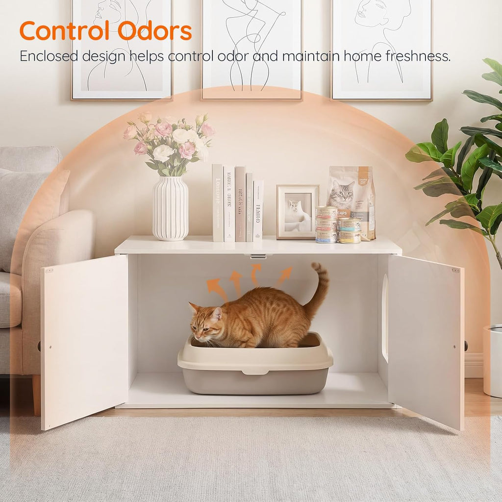 HOOBRO Cat Litter Box Enclosure, Hidden Litter Box Furniture with Side Entry, Litter Box Cabinet, Indoor Cat House, End Side Table, 31.5"L x 17.7"W x 16.3"H, for Living Room, Bathroom, White WT40MW01