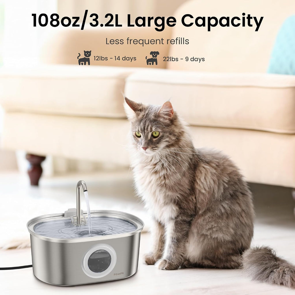 PawsPik SS-01 Stainless Steel Faucet-Design Cat Fountain 108.2 oz