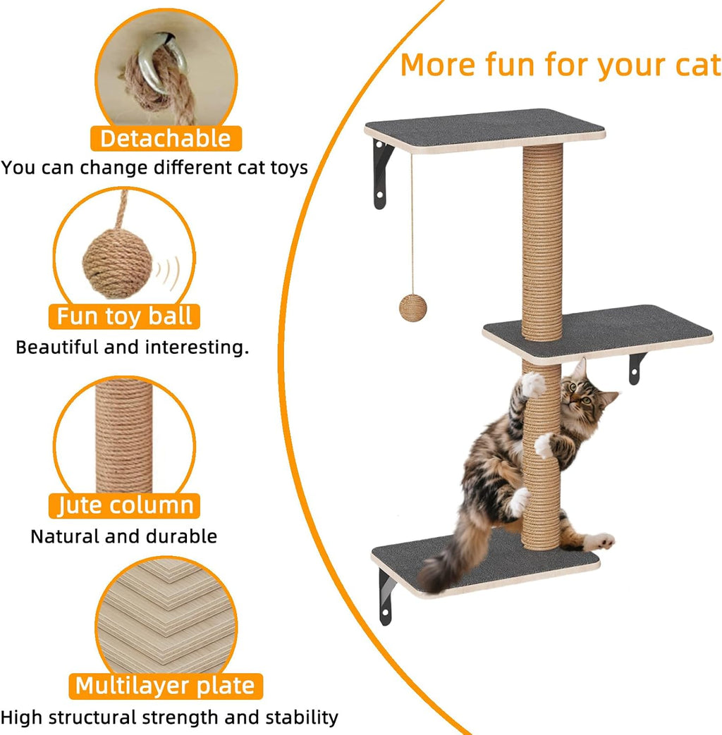 5-in-1 Cat Wall Shelves Set with Hammock, Wall-Mounted Cat Furniture Includes Condo, Bridge, Ladder & Steps for Indoor Cats, Safe & Stable (Gray)