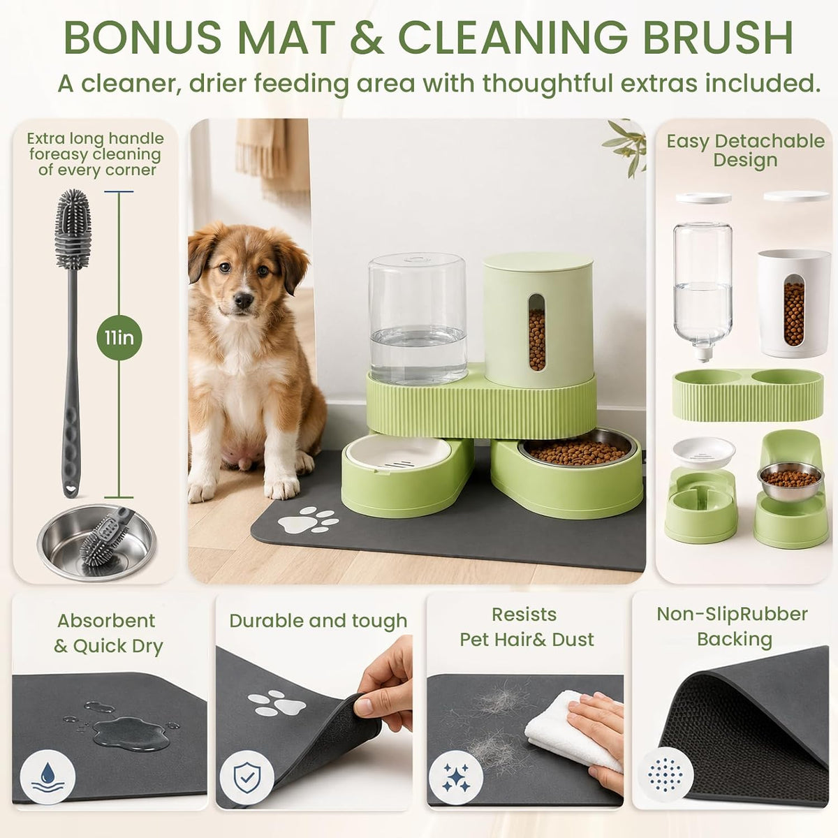 Gravity Cat Feeder 2 Pack Automatic Food Feeder Stainless Steel Water Dispenser Set 360° Rotatable Pet Bowls with Silicone Mat and Brush for Cats Small Medium Dogs, Large Capacity(Green)