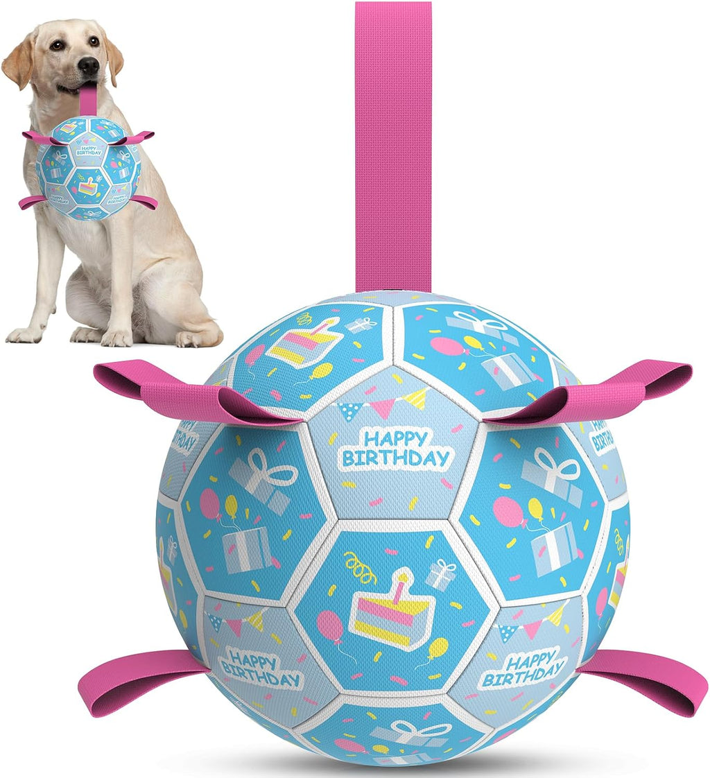 QDAN Dog Birthday Toys, Puppy Birthday Gifts, Dog Soccer Ball with Straps | 8 Inch Outdoor Herding Balls for 30-90 lbs Dogs, Interactive Training Soccer Toy for Tug of War, Dog Ball to Keep Them Busy