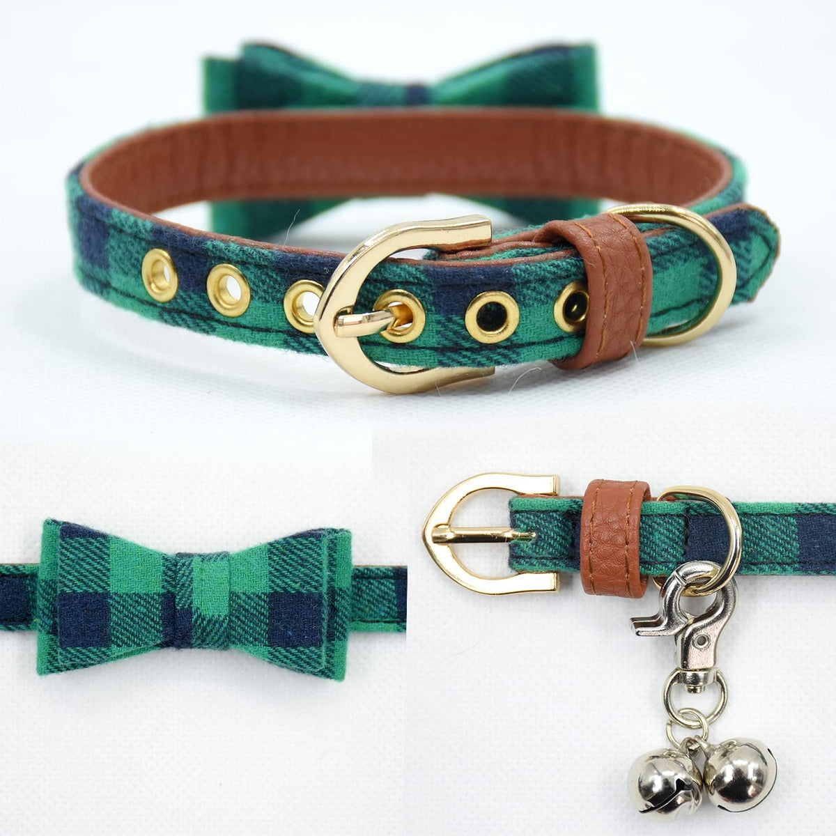3PCS Bow Tie Dog Collar and Leash Set Plaid/Camo/Dots/Flower Dog Bandanas with Bell 3 Size Adjustable for Small Dogs Puppies and Cats (XS, Green Plaid)