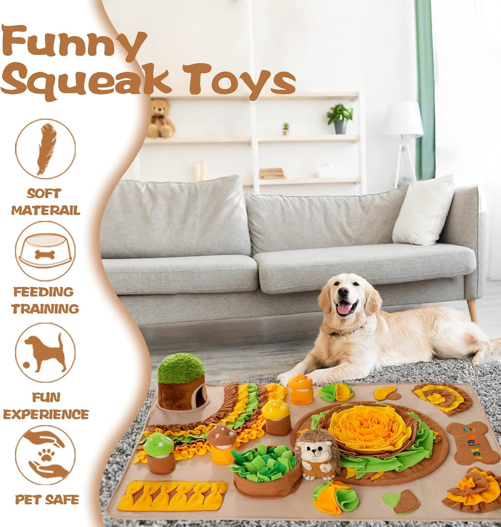 Large Snuffle Mat for Dogs 40'' x 27.5'' Sniff Mat with Hedgehog Puzzle Toy Squeaky Mushrooms Interactive Toys Portable Feeding Mat for Foraging Skills