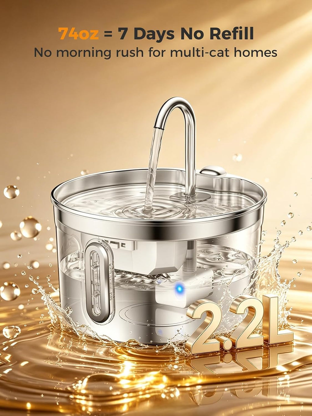 Stainless Steel Cat Water Fountain - 74oz/2.2L Ultra-Silent