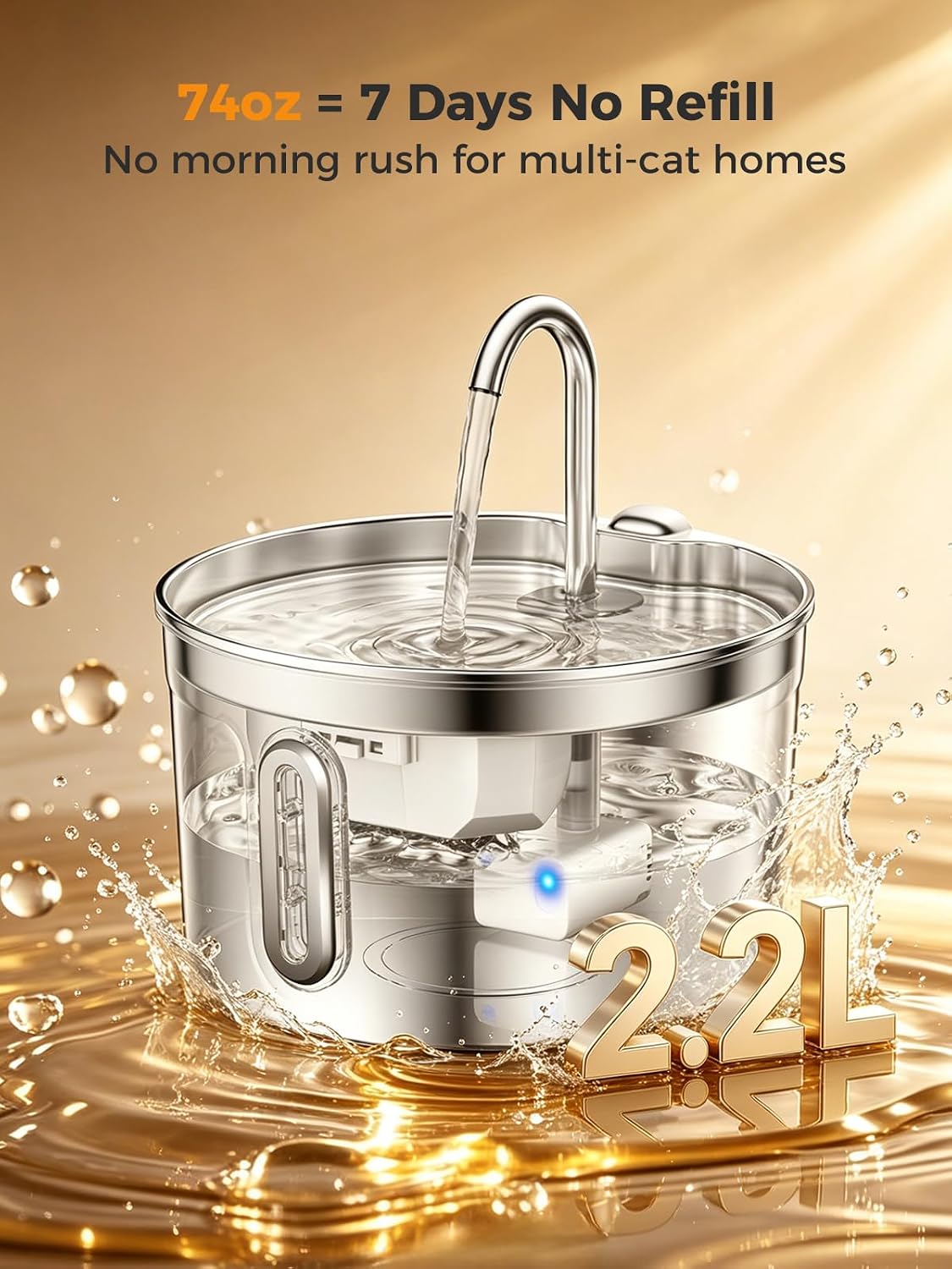 Stainless Steel Cat Water Fountain - 74oz/2.2L Ultra-Silent
