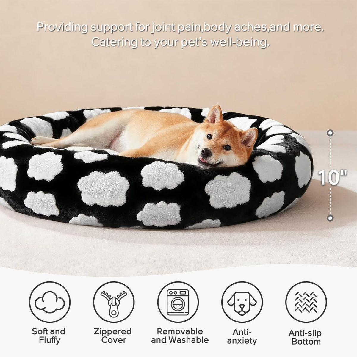JOEJOY Jacquard Donut Round Dog Beds Large Sized Dog,Black 36x36x8in, Removable Washable Cover, Cute Pattern, Ultra Soft Fluffy Calming Pet Bed with Thick Supportive Bolster
