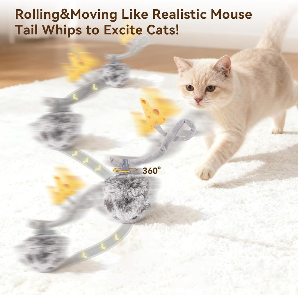 Migipaws Interactive MigiMouse Cat Toy 360° Rolling & Spin with Wiggling Tail for Indoor Cats Smart Motion Sensor, Realistic Squeak, Rechargeable Plush Kitten Toy(Grey Long)