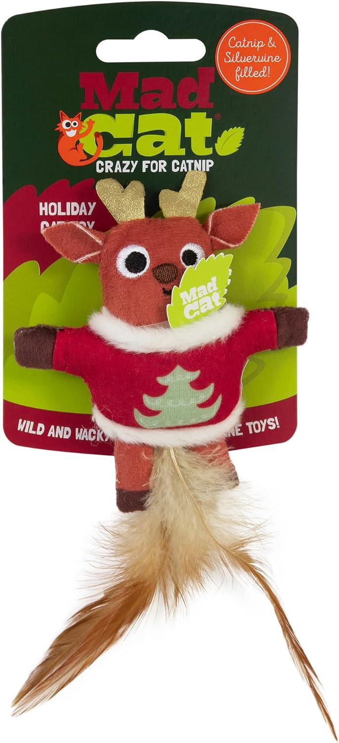 Mad Cat Ugly Sweater Stuffer Reindeer Catnip Refillable Soft Plush Cat Toy