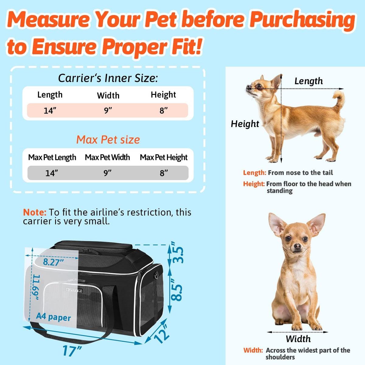 Petskd Top-Expandable Small Pet Carrier 17"x12"x8.5" Airline Approved