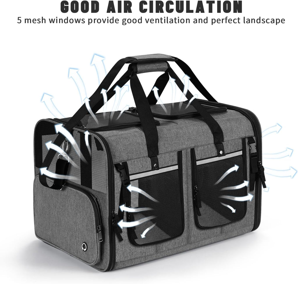 Cat Carrier for 2 Cats, Foldable Double Cat and Dog Carrier, Small to Medium Size, 2 Front Zippered Compartments,Two Pets Carrier for Travel,Mulitple Cat Carrier (Dark Gray with Flat Pocket)