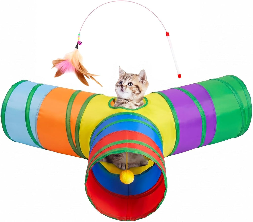 Tempcore Cat Tunnel, 3-Way Collapsible Toy, Large Size Rainbow | Large Size 3-Way Cat Tunnel Provides More Room for Cats to Run, Hide and Chase, with Peek Holes, Hanging Ball and Teaser Wand