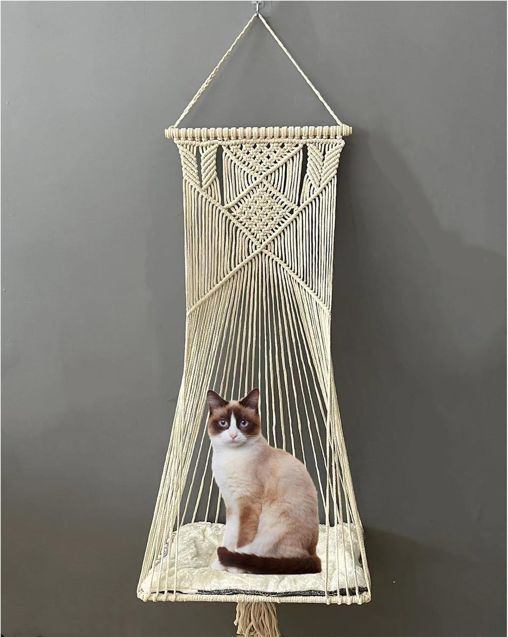 Macrame Hanging Cat Hammock Bed Cat Swing House Space Saving Window Perch with Washed Cotton Cats Toy Tassel Basket Tapestry (Beige, Swing Bed+Cushion, XL)