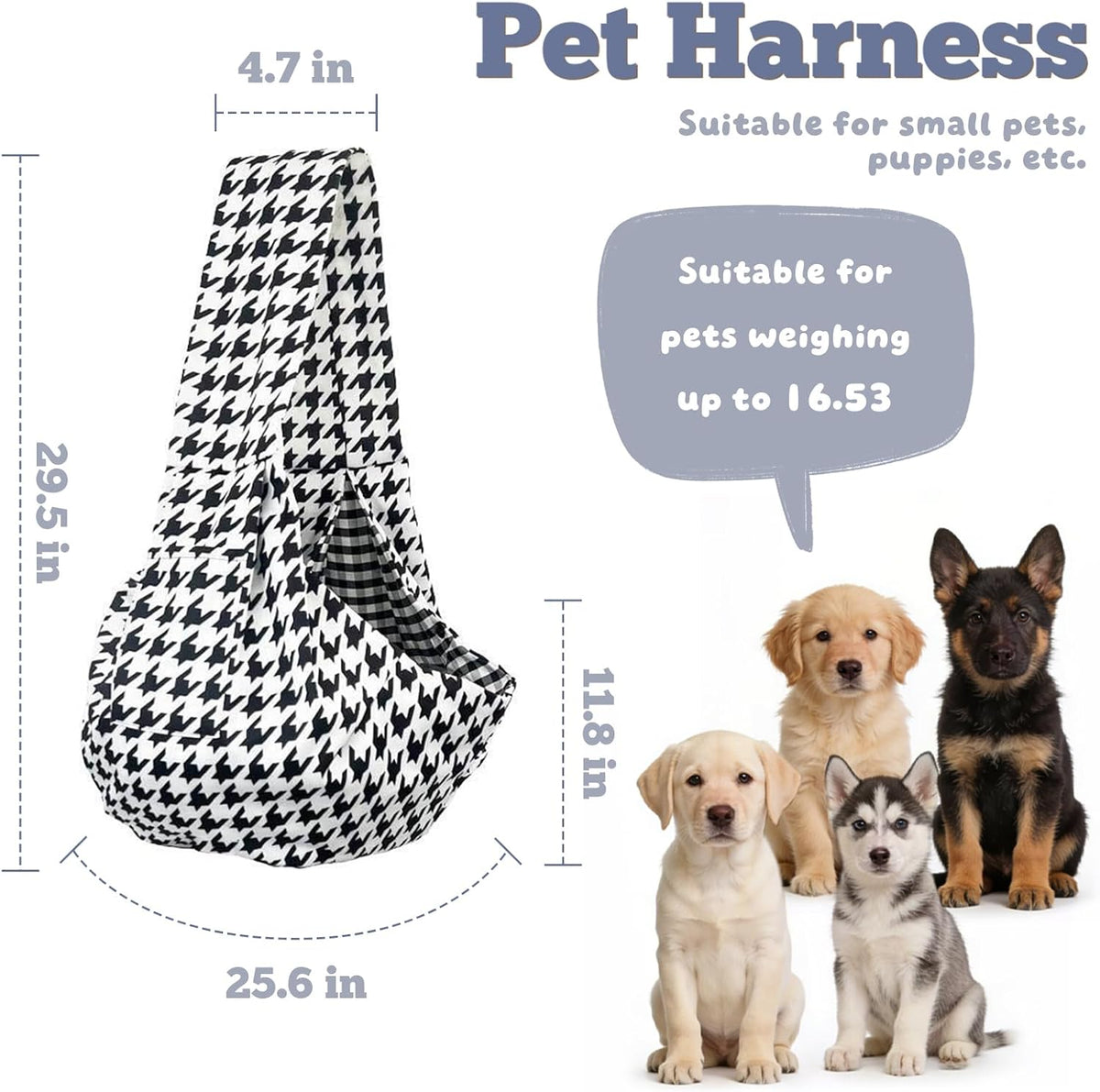 Dog Sling Carrier for Small Dogs and Cats 5–16 lbs, Puppy Carrier Sling with Safety Hook and Storage Pocket, Hands Free Pet Carrier Purse for Travel, Walking, Shopping (Houndstooth)