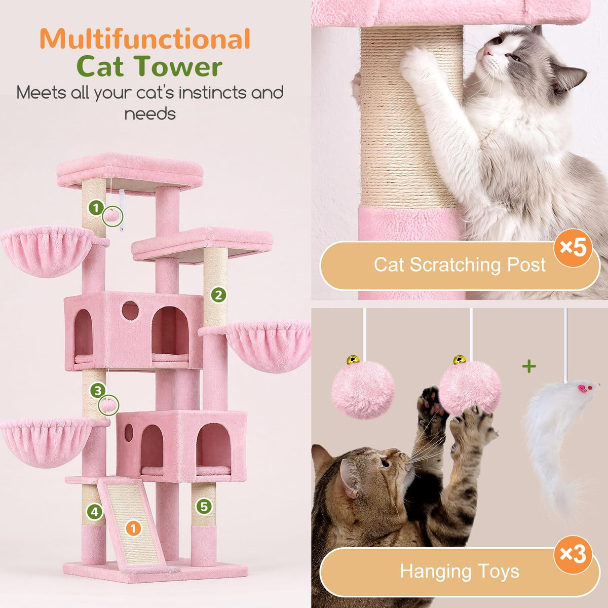 Globlazer Large Cat Tree 72in Tall Cat Climbing Tower, F72G, Pink
