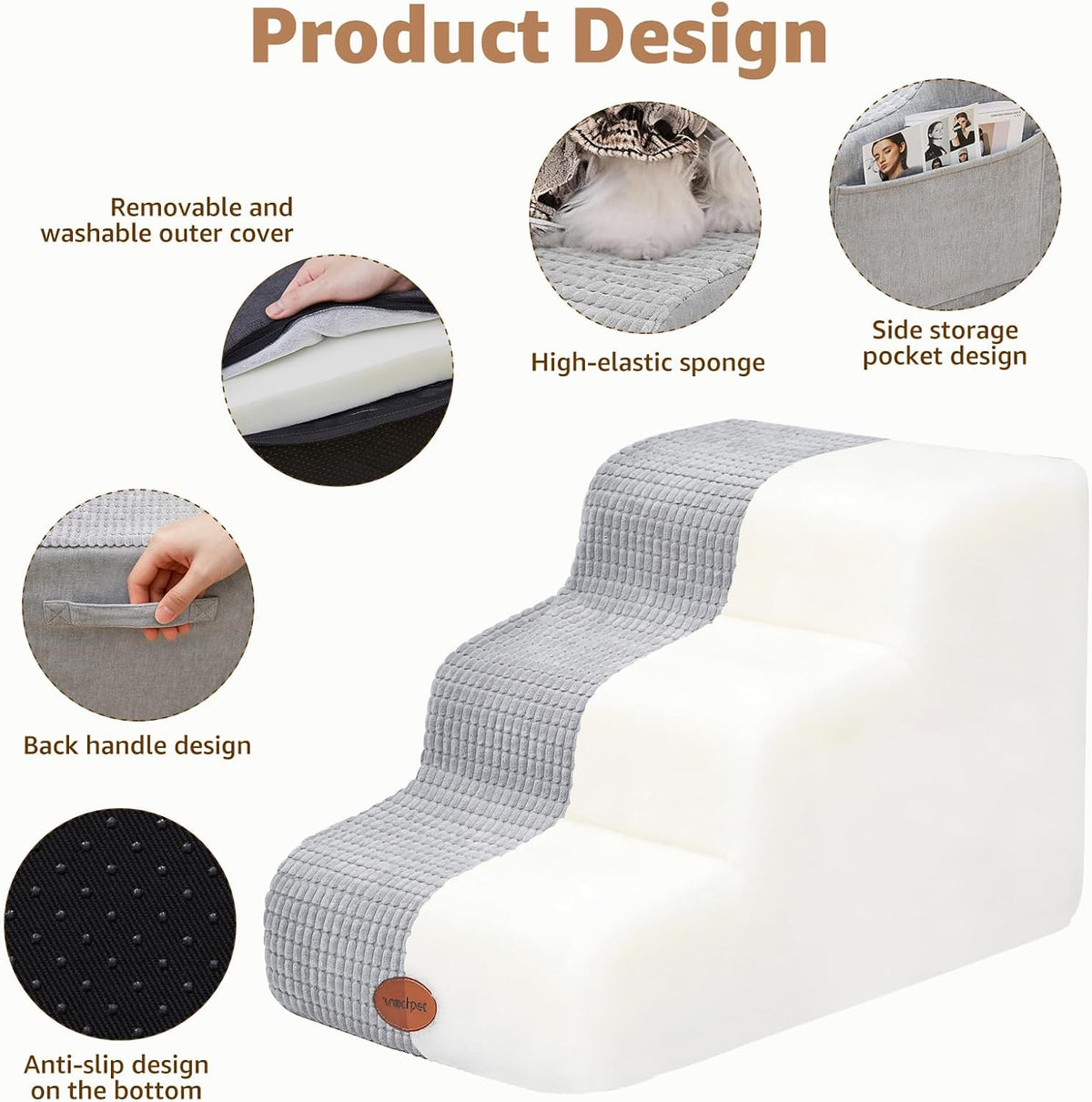 Woochpet 3-Tier Dog Stairs for Beds Foam Ramp Stairs for Couch Light Grey