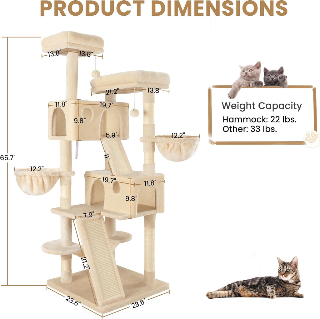 SHA CERLIN 65in Larger Cat Tree Tower Condo for Indoor Kitties/Multi-Level Furniture Activity Center with Wide Base/Cozy Plush Cat Perches/Baskets/Sisal Scratching Posts and Hammock/Beige