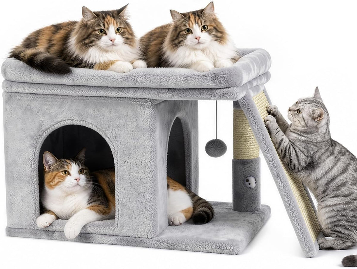 Cat Tree Tower with Scratching Post for Large Kitty, Light Grey