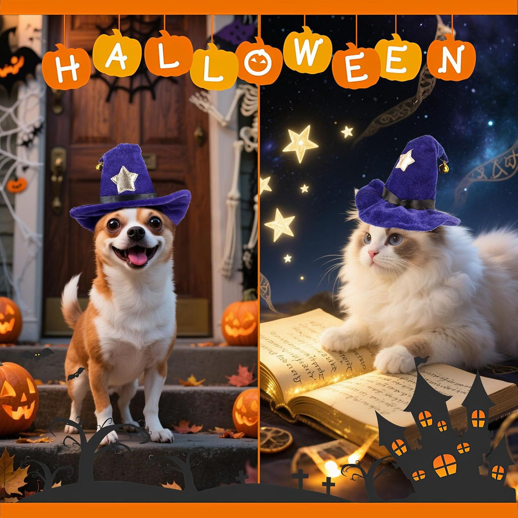 NAMSAN Pet Witch Costume for Cats Small Dogs Rabbits, Halloween Cat Wizard Hat, Small Dog Witch Hat, Halloween Cat Sorcerer Outfit for Holiday Party Cosplay Statue Decoration