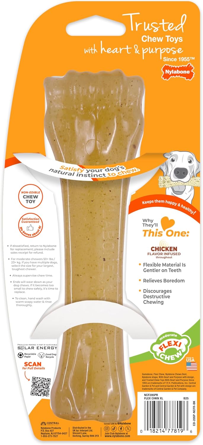 Nylabone Flexi Chew Gumabone Dog Chew Toy, Chicken Flavor, X-Large | Flexible material, gentle on teeth, x-large breeds, freezable, bouncy, great for seniors, for dogs 50+ lbs