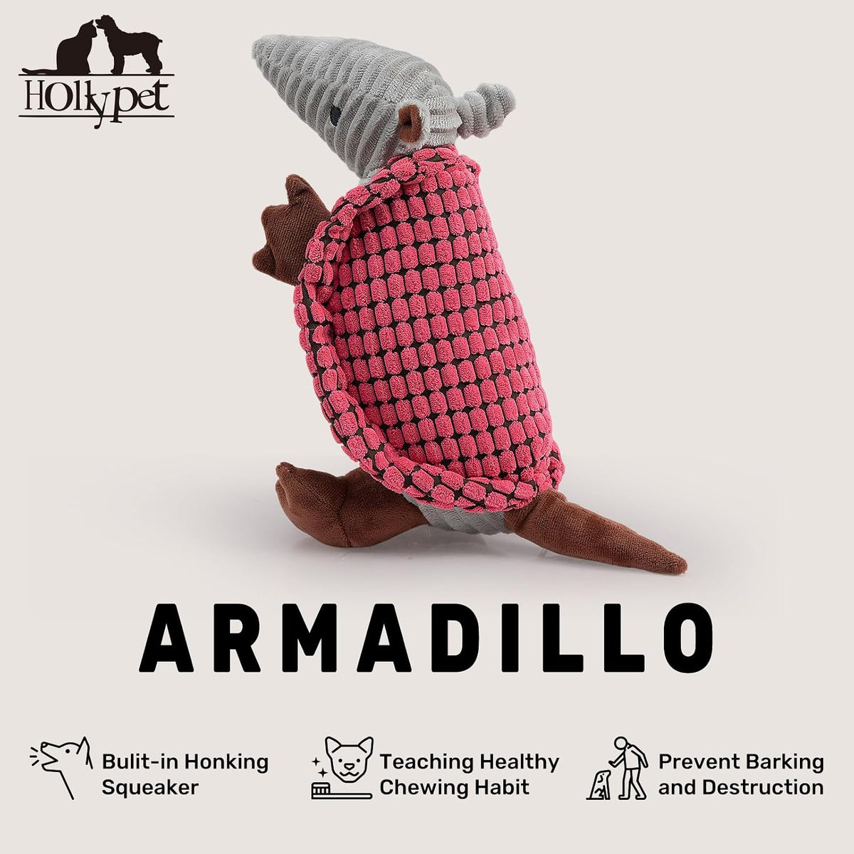 Hollypet Armadillo Squeaky Dog Toys for Medium Large Dogs, 10" | plush stuffed large dog squeak animal toy with unique grunt squeaker textured fabric for teeth cleaning toys