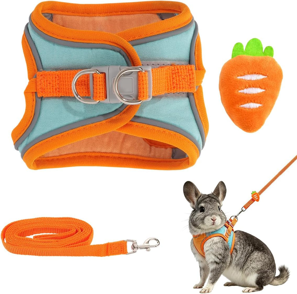 Bunny Harness and Leash Set Double Buckle | Soft Rabbit Harnesses with Carrot | Adjustable Reflective Strips Jacket Escape-Proof Vest for Puppy Guinea Pigs Pet Ferret Walking(Green-Orange -S)