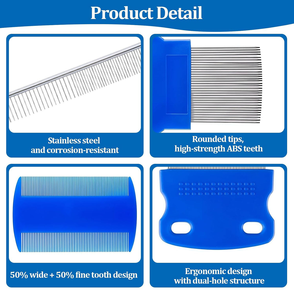 6 Pack Pet Grooming Combs, Stainless Steel Dog and Cat Grooming Combs with Rounded Teeth, Double-Sided Professional Pet Tear Stain Remover for Small, Medium, and Large Pets (Blue)