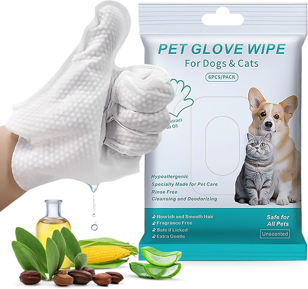 Pet Glove Wipes for Dogs Cats, Dog Cleaning Gloves, Dog Wipes Cleaning Deodorizing, Pet Wipes for Dogs Cats, Extra Thick, Unscented Rinse Free Nourish Fur Glove Wipes for Daily Care and Traveling-6pcs