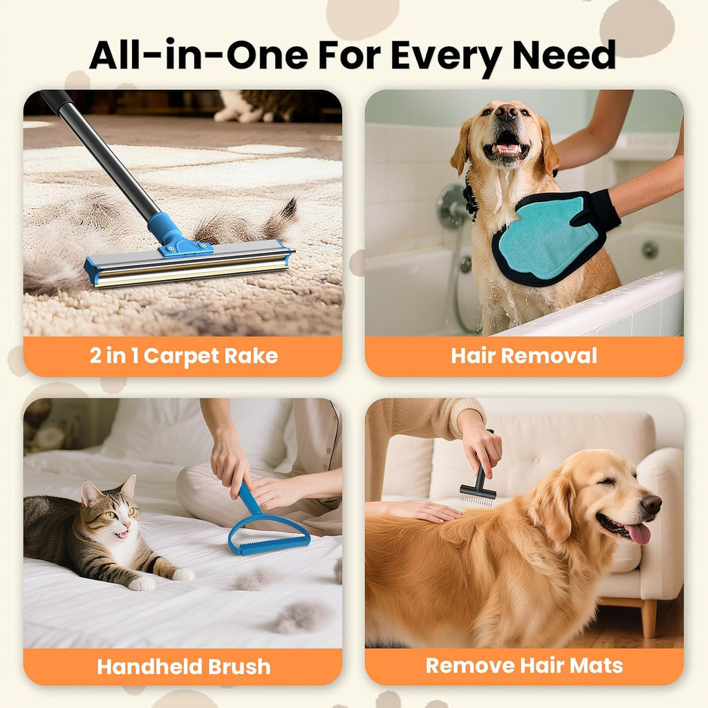 4-in-1 Pet Hair Removal Tool Set - Dual-Head Carpet Rake & Floor Scraper